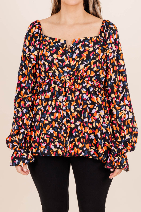 Chic Soul plus size clothing, black/fuchsia abstract pattern long sleeve top with a square neckline