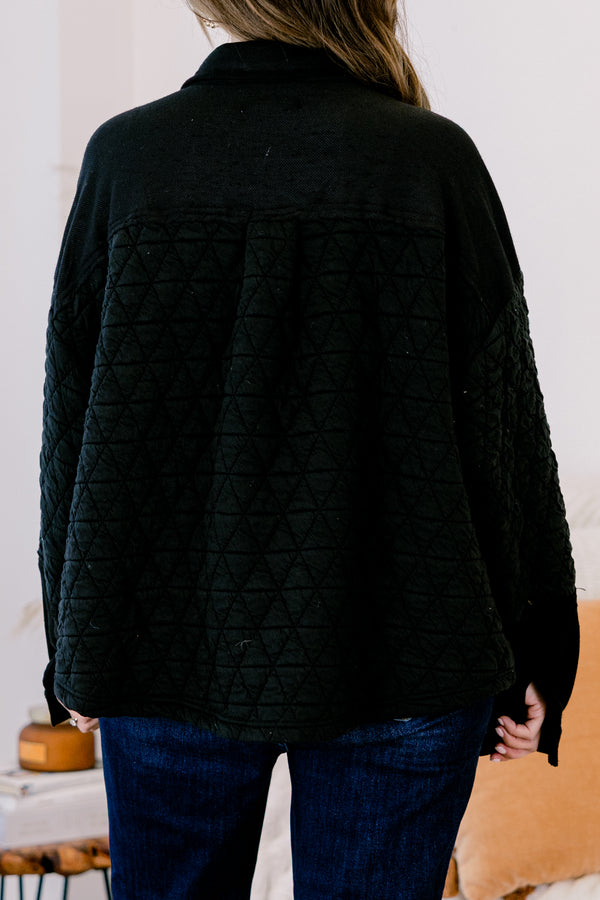 Chic Soul plus size clothing, black button up shacket with a diamond texture and two front pockets 