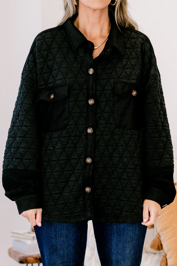 Chic Soul plus size clothing, black button up shacket with a diamond texture and two front pockets 