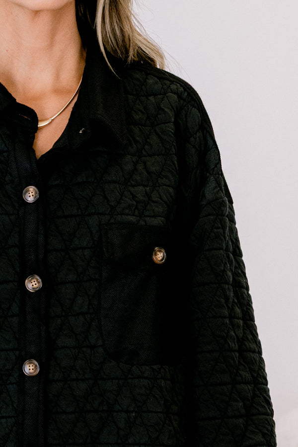 Chic Soul plus size clothing, black button up shacket with a diamond texture and two front pockets 