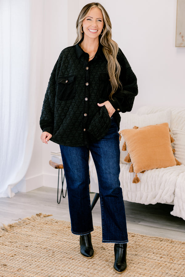 Chic Soul plus size clothing, black button up shacket with a diamond texture and two front pockets 