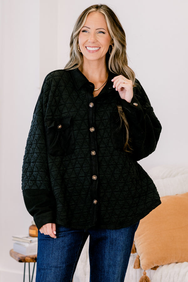 Chic Soul plus size clothing, black button up shacket with a diamond texture and two front pockets 