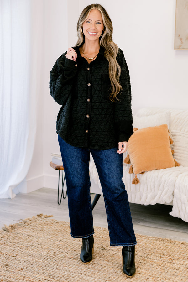 Chic Soul plus size clothing, black button up shacket with a diamond texture and two front pockets 