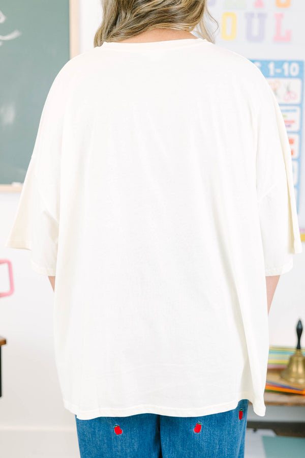 Plus Size ivory oversized boyfriend tee with a large red apple graphic 