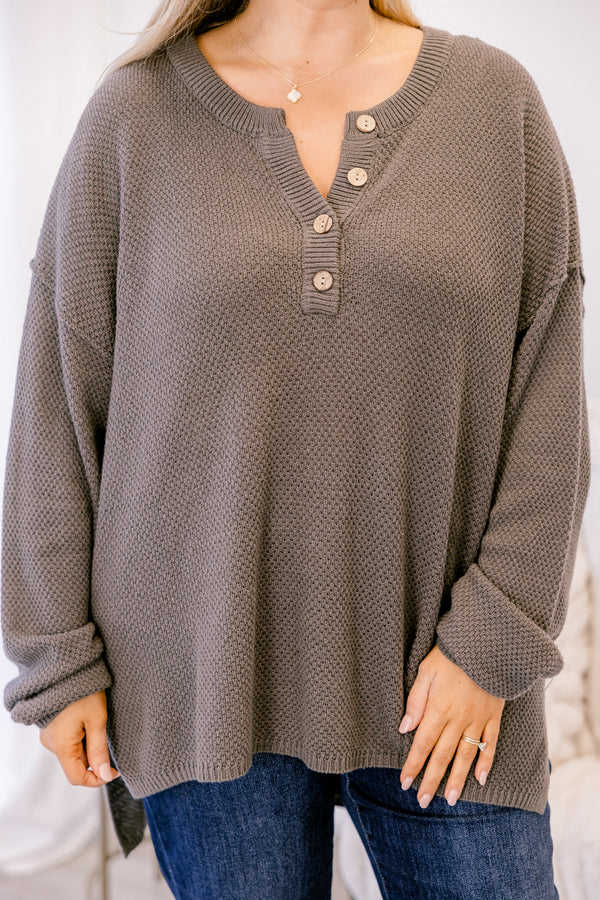 Chic Soul plus size clothing, dak gray-brown long sleeve sweater with 1/4 button down the collar