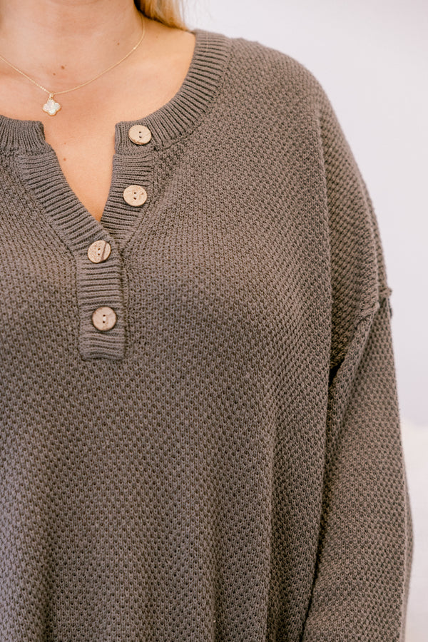 Chic Soul plus size clothing, dak gray-brown long sleeve sweater with 1/4 button down the collar