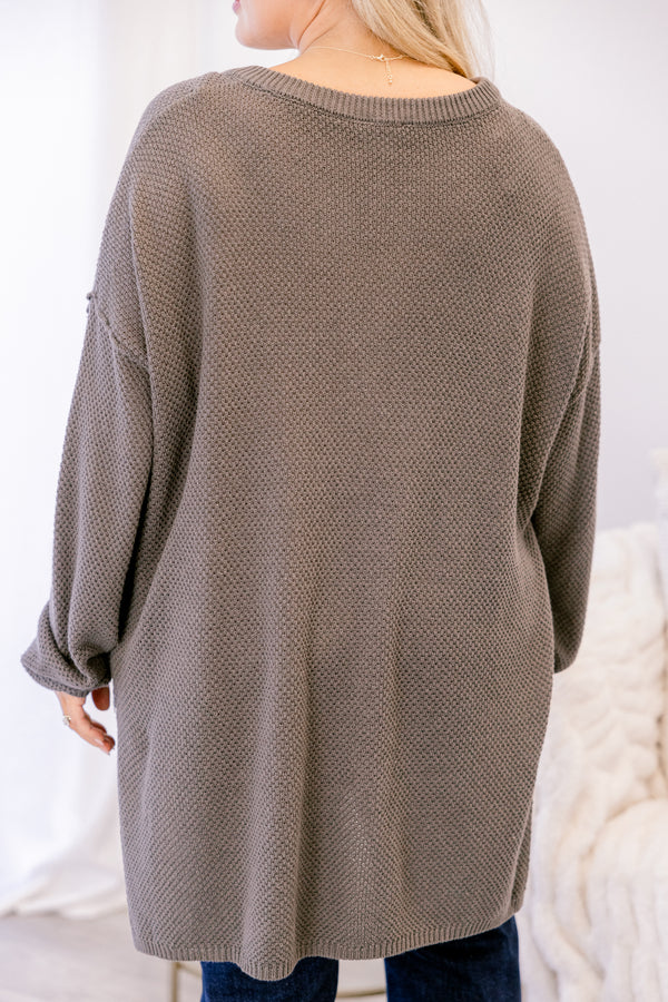 Chic Soul plus size clothing, dak gray-brown long sleeve sweater with 1/4 button down the collar