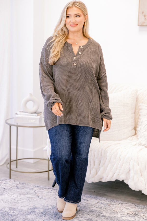 Chic Soul plus size clothing, dak gray-brown long sleeve sweater with 1/4 button down the collar