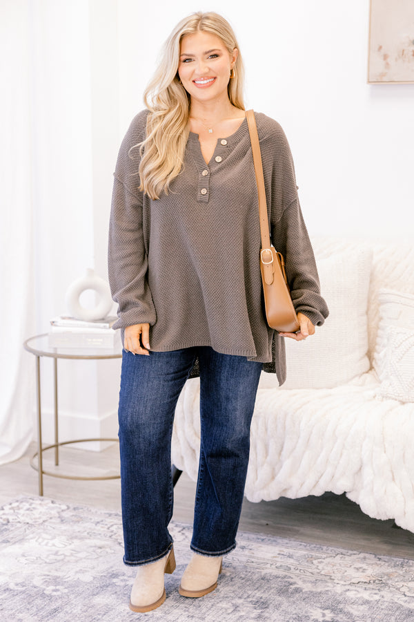 Chic Soul plus size clothing, dak gray-brown long sleeve sweater with 1/4 button down the collar