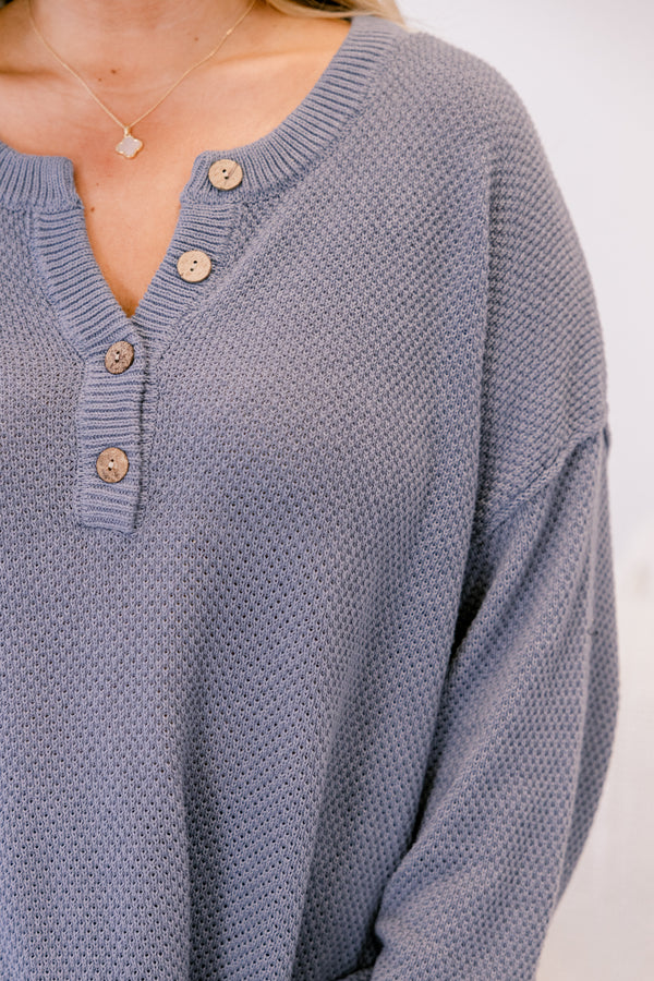 Chic Soul plus size clothing, dusty blue long sleeve knit sweater with buttons on the collar ¼ way down the front