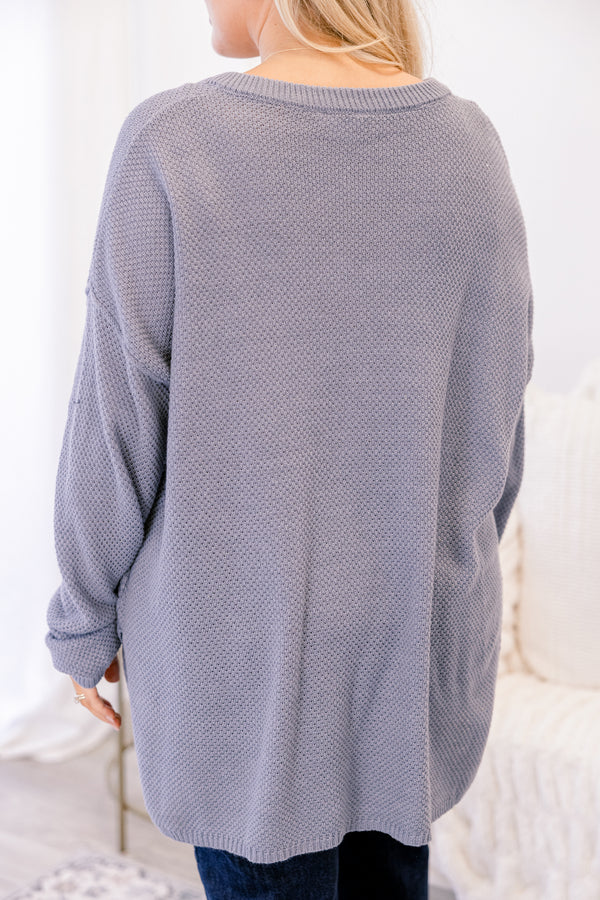 Chic Soul plus size clothing, dusty blue long sleeve knit sweater with buttons on the collar ¼ way down the front