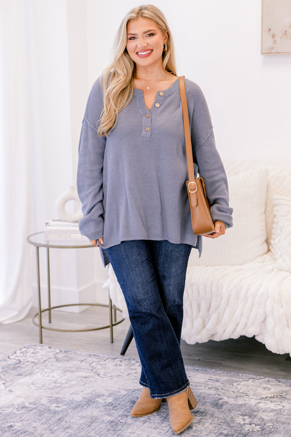 Chic Soul plus size clothing, dusty blue long sleeve knit sweater with buttons on the collar ¼ way down the front