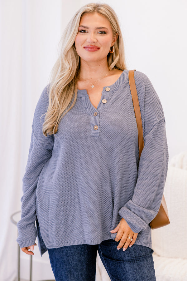 Chic Soul plus size clothing, dusty blue long sleeve knit sweater with buttons on the collar ¼ way down the front