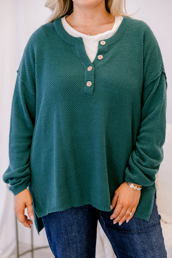 Chic Soul plus size clothing, Chic Soul plus size clothing, emerald green long sleeve knit sweater with buttons on the collar ¼ way down the front