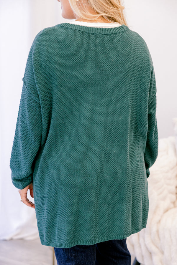 Chic Soul plus size clothing, Chic Soul plus size clothing, emerald green long sleeve knit sweater with buttons on the collar ¼ way down the front