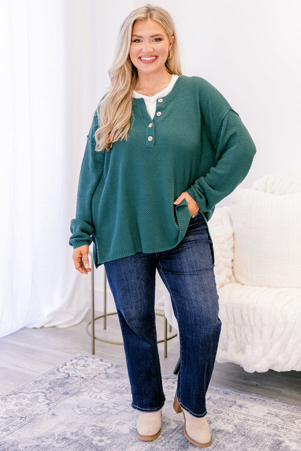 Chic Soul plus size clothing, Chic Soul plus size clothing, emerald green long sleeve knit sweater with buttons on the collar ¼ way down the front