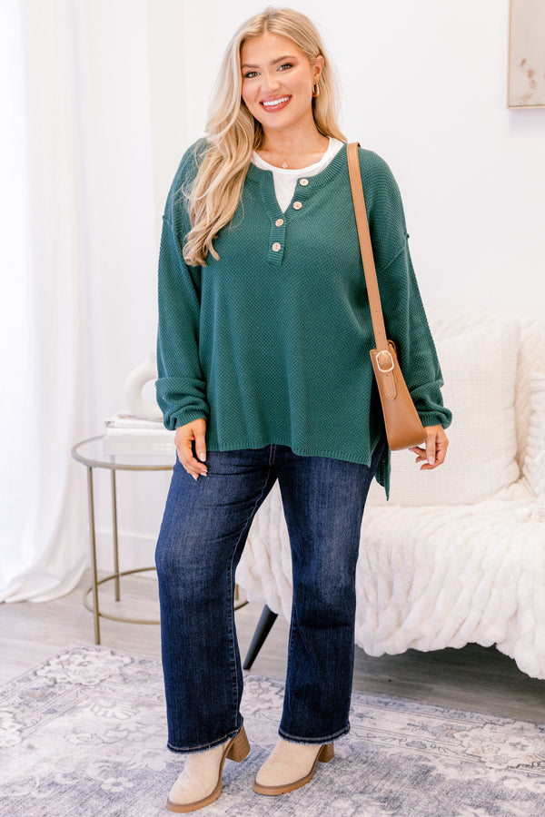Chic Soul plus size clothing, Chic Soul plus size clothing, emerald green long sleeve knit sweater with buttons on the collar ¼ way down the front