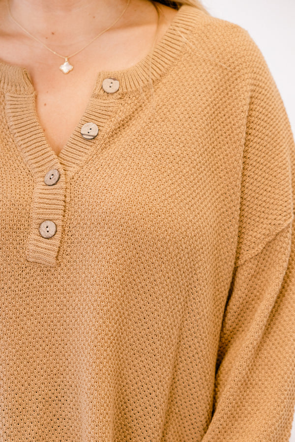 Chic Soul plus size clothing, tan knit long sleeve 1/4 button up sweater 
