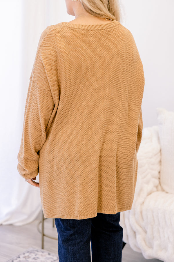 Chic Soul plus size clothing, tan knit long sleeve 1/4 button up sweater 