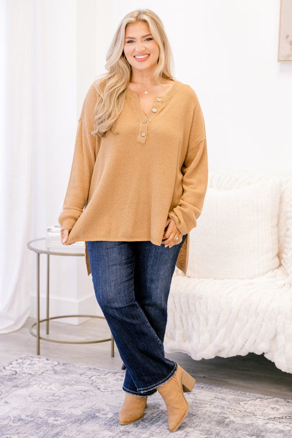Chic Soul plus size clothing, tan knit long sleeve 1/4 button up sweater 