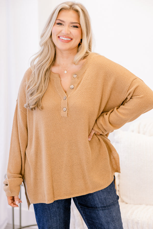 Chic Soul plus size clothing, tan knit long sleeve 1/4 button up sweater 