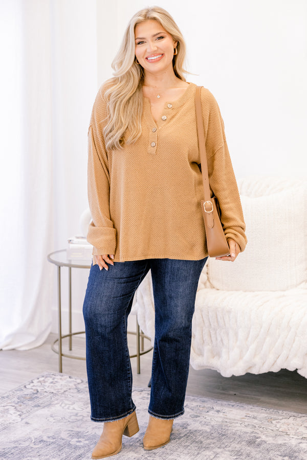 Chic Soul plus size clothing, tan knit long sleeve 1/4 button up sweater 