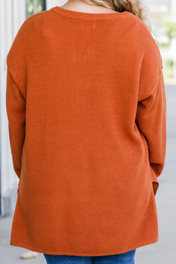 Chic Soul plus size clothing, long sleeve rust orange knit sweater with button up detail along neckline 