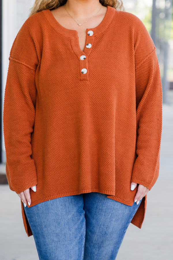 Chic Soul plus size clothing, long sleeve rust orange knit sweater with button up detail along neckline 