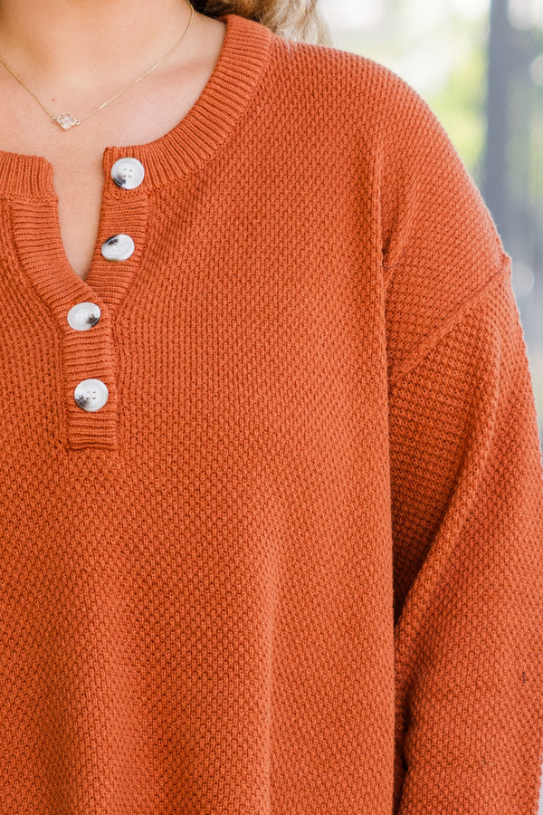 Chic Soul plus size clothing, long sleeve rust orange knit sweater with button up detail along neckline 