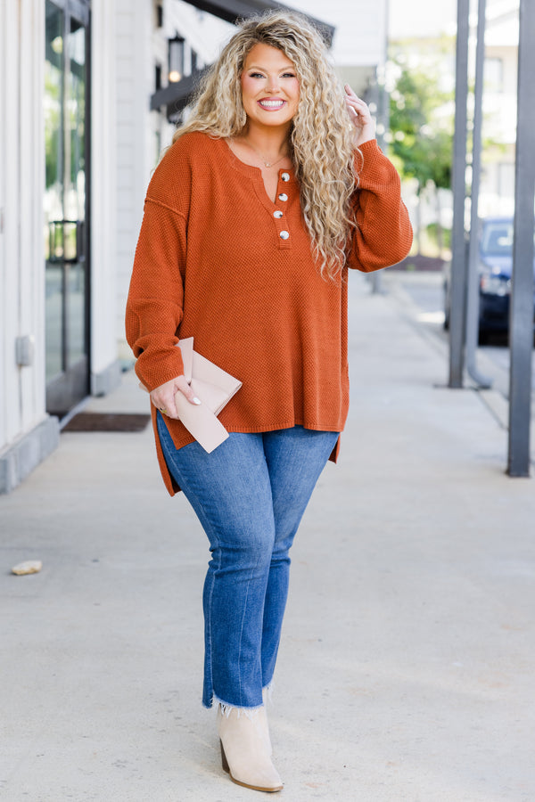 Chic Soul plus size clothing, long sleeve rust orange knit sweater with button up detail along neckline 