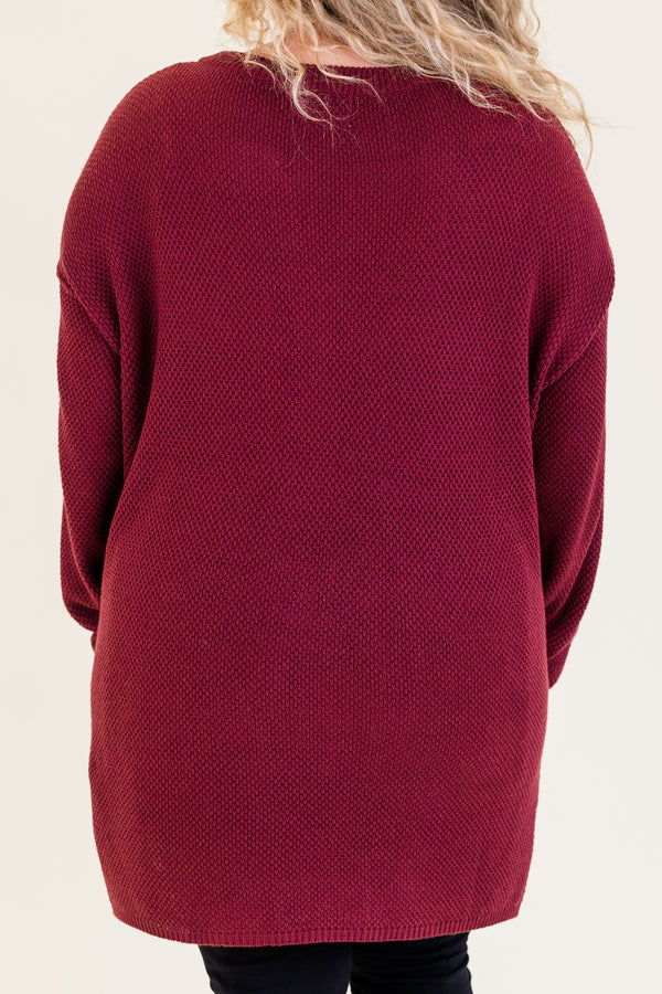 Chic Soul plus size clothing, wine long sleeve knit sweater with button up detail with cuff sleeves and slits on the bottom side of top