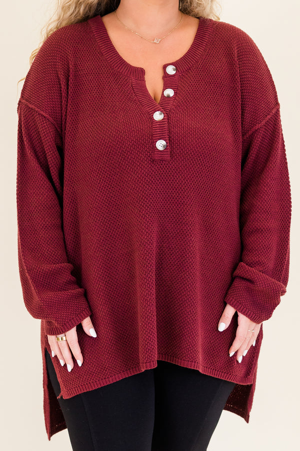 Chic Soul plus size clothing, wine long sleeve knit sweater with button up detail with cuff sleeves and slits on the bottom side of top