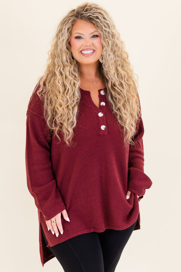 Chic Soul plus size clothing, wine long sleeve knit sweater with button up detail with cuff sleeves and slits on the bottom side of top