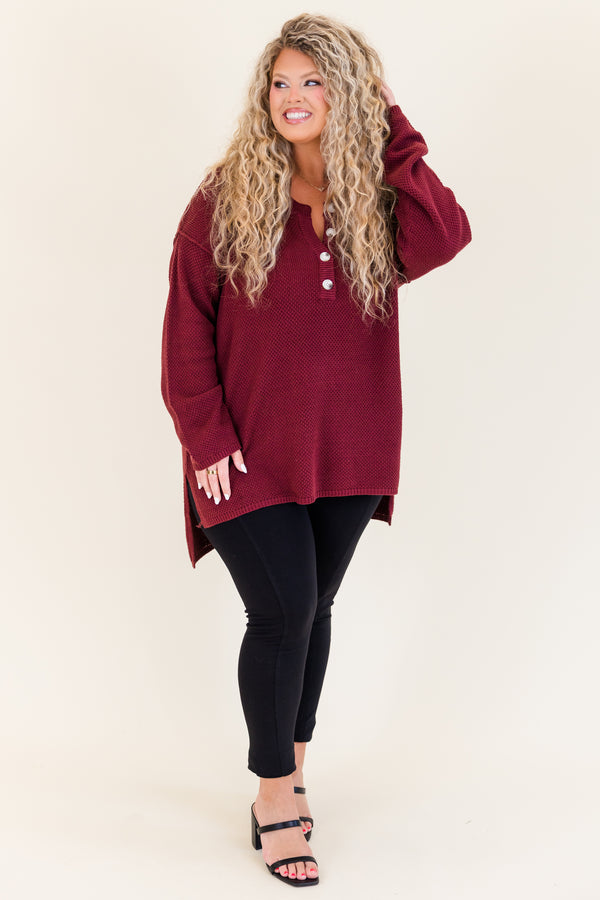 Chic Soul plus size clothing, wine long sleeve knit sweater with button up detail with cuff sleeves and slits on the bottom side of top