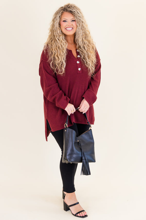 Chic Soul plus size clothing, wine long sleeve knit sweater with button up detail with cuff sleeves and slits on the bottom side of top