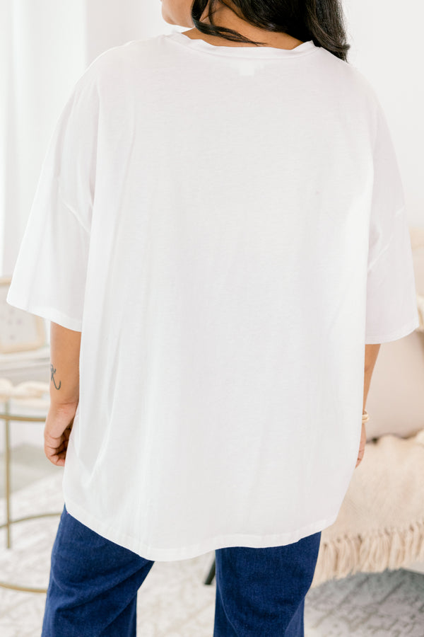 Chic Soul plus size clothing, white short sleeve graphic tee with the saying 