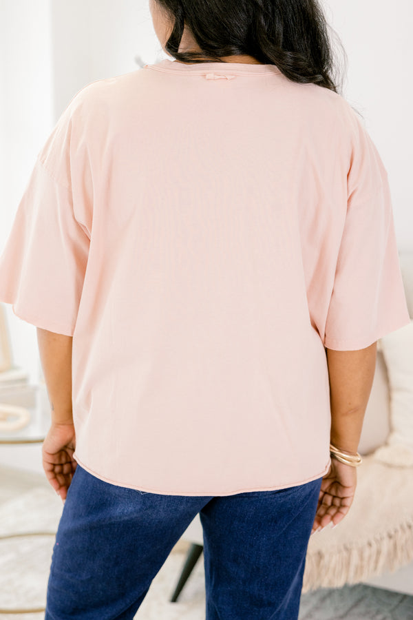 Chic Soul plus size clothing, blush pink short sleeve graphic tee with the saying 