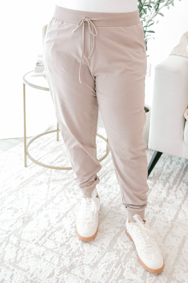 Chic Soul plus size clothing, ash mocha drawstring stretchy waistband joggers with band at the ankles 