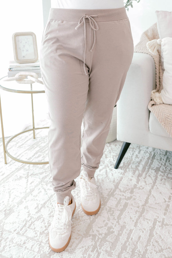 Chic Soul plus size clothing, ash mocha drawstring stretchy waistband joggers with band at the ankles 