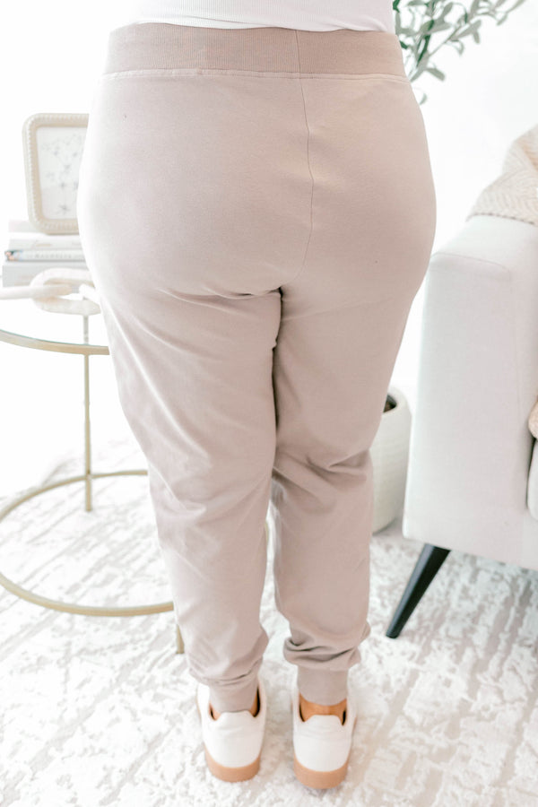 Chic Soul plus size clothing, ash mocha drawstring stretchy waistband joggers with band at the ankles 