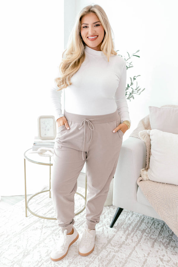 Chic Soul plus size clothing, ash mocha drawstring stretchy waistband joggers with band at the ankles 