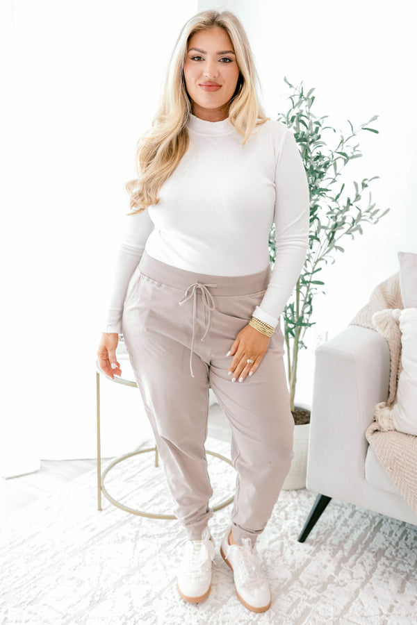 Chic Soul plus size clothing, ash mocha drawstring stretchy waistband joggers with band at the ankles 