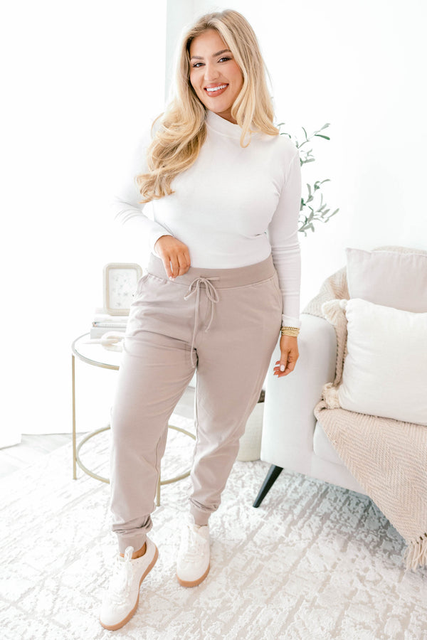 Chic Soul plus size clothing, ash mocha drawstring stretchy waistband joggers with band at the ankles 