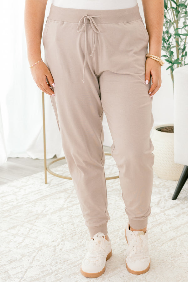 Chic Soul plus size clothing, ash mocha drawstring stretchy waistband joggers with band at the ankles 