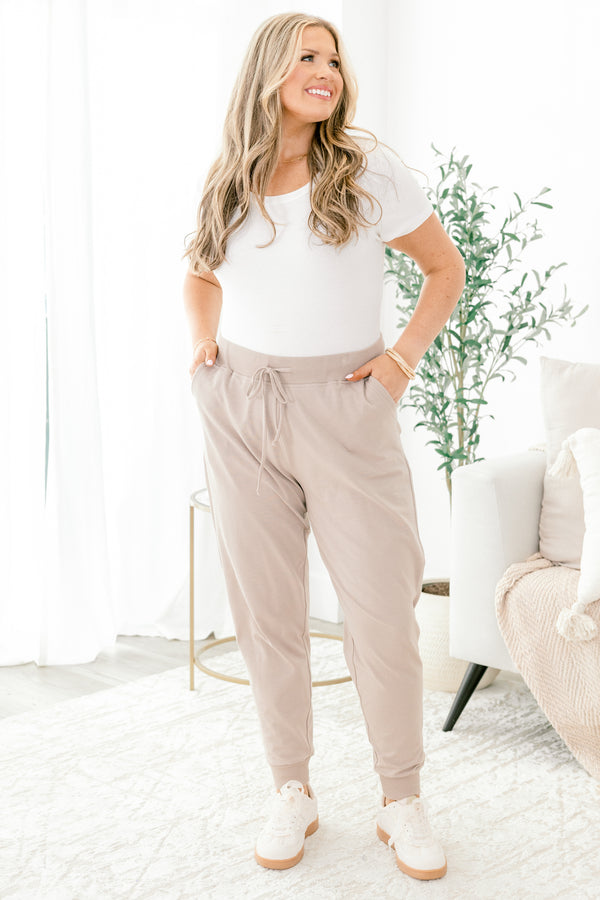 Chic Soul plus size clothing, ash mocha drawstring stretchy waistband joggers with band at the ankles 