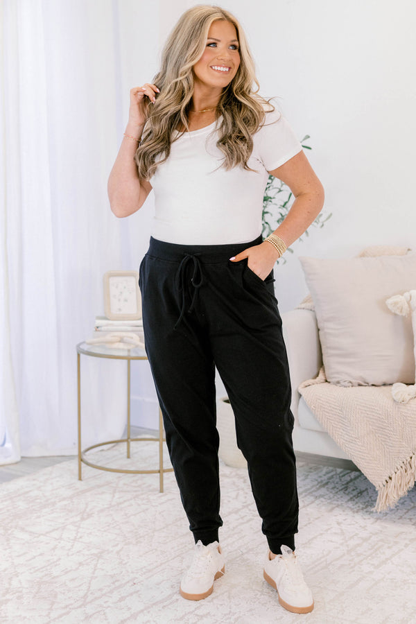 Chic Soul plus size clothing, black joggers with pockets and drawstring waist and band at the ankles