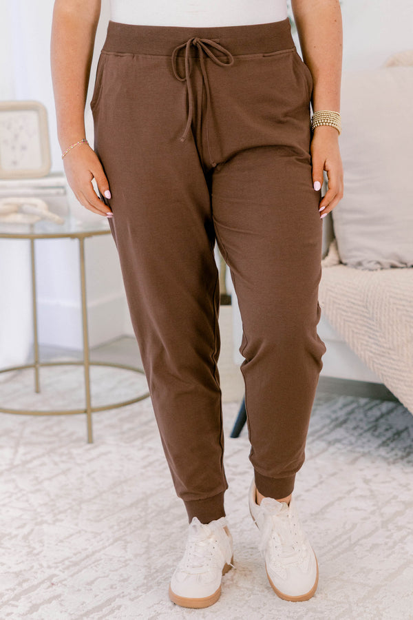 Chic Soul plus size clothing, brown drawstring stretchy waistband joggers with band at the ankles 
