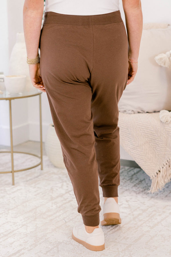 Chic Soul plus size clothing, brown drawstring stretchy waistband joggers with band at the ankles 
