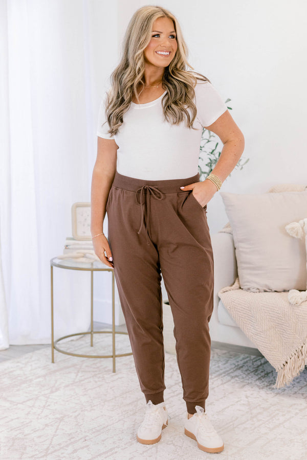 Chic Soul plus size clothing, brown drawstring stretchy waistband joggers with band at the ankles 