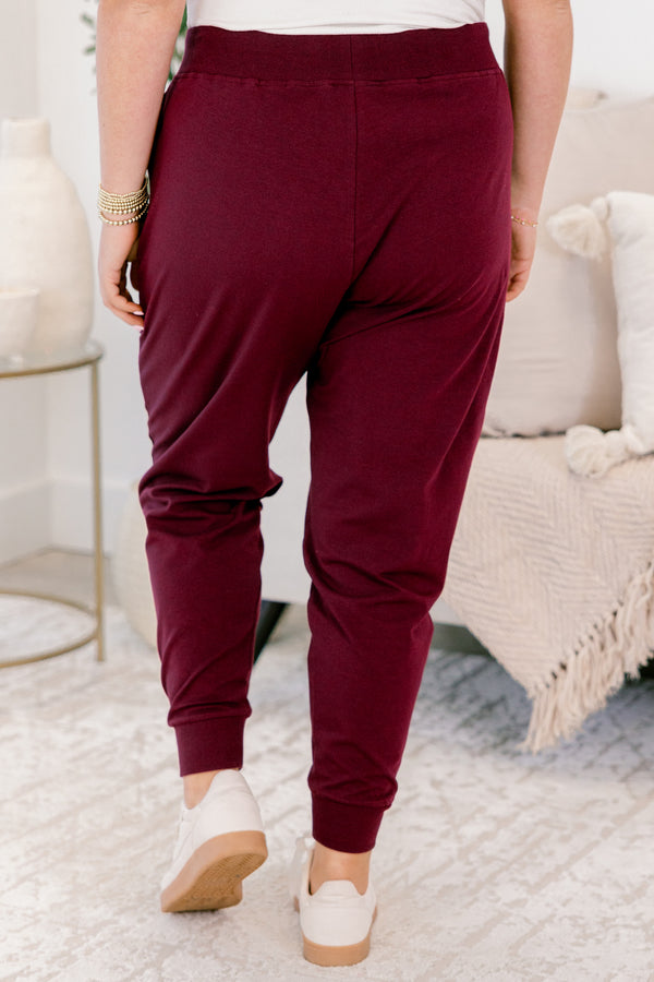 Chic Soul plus size clothing, burgundy drawstring stretchy waistband joggers with band at the ankles 